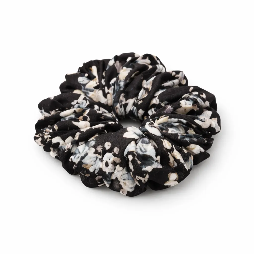 Floral fabric black scrunchies