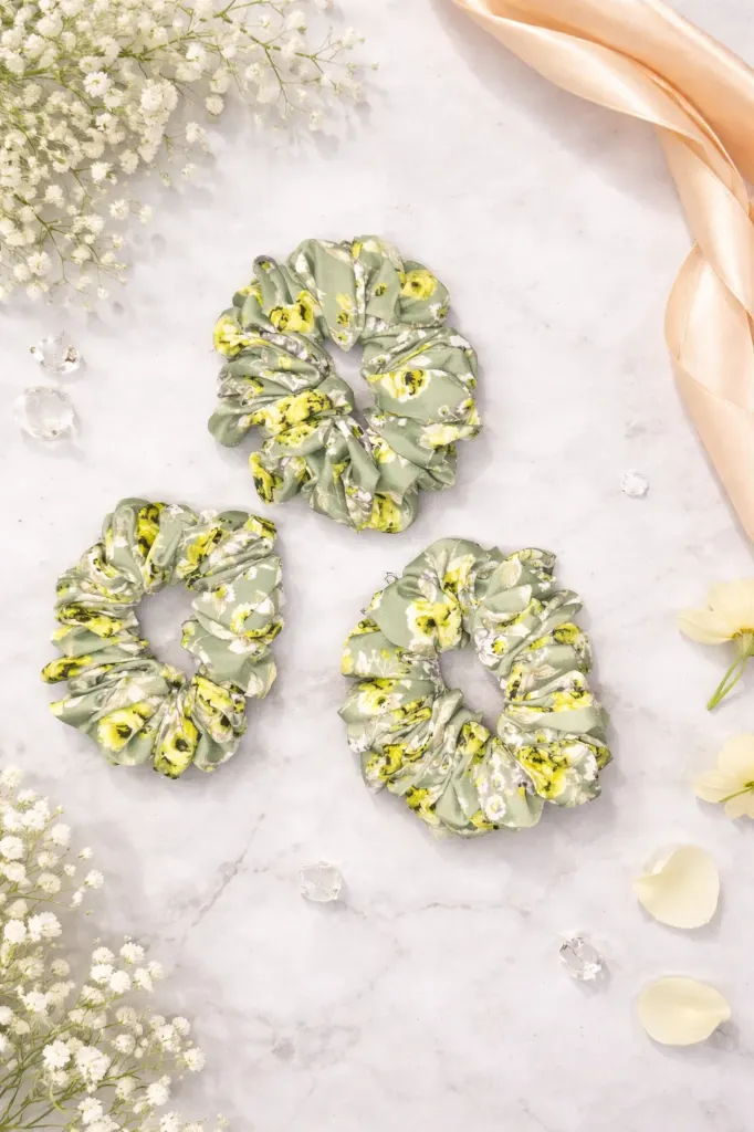 Mustard green floral fabric soft scrunchies