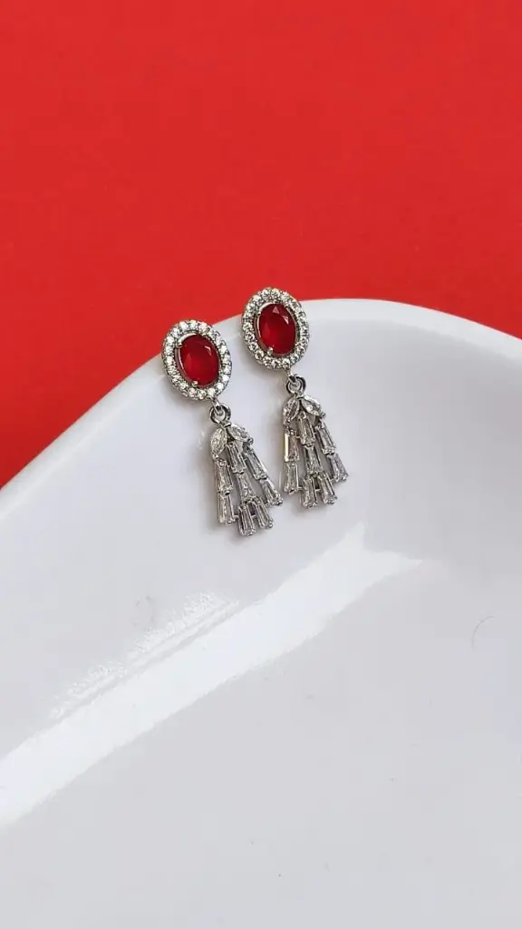 Ruby Red Oval Drop Earrings with Crystal Tassels