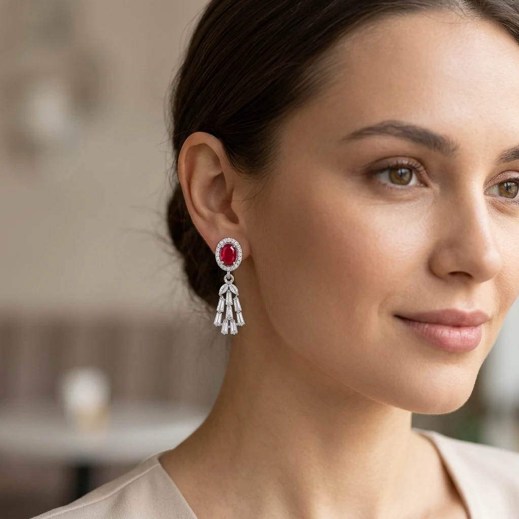Ruby Red Oval Drop Earrings with Crystal Tassels
