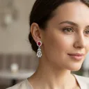 Ruby Red Oval Drop Earrings with Crystal Tassels