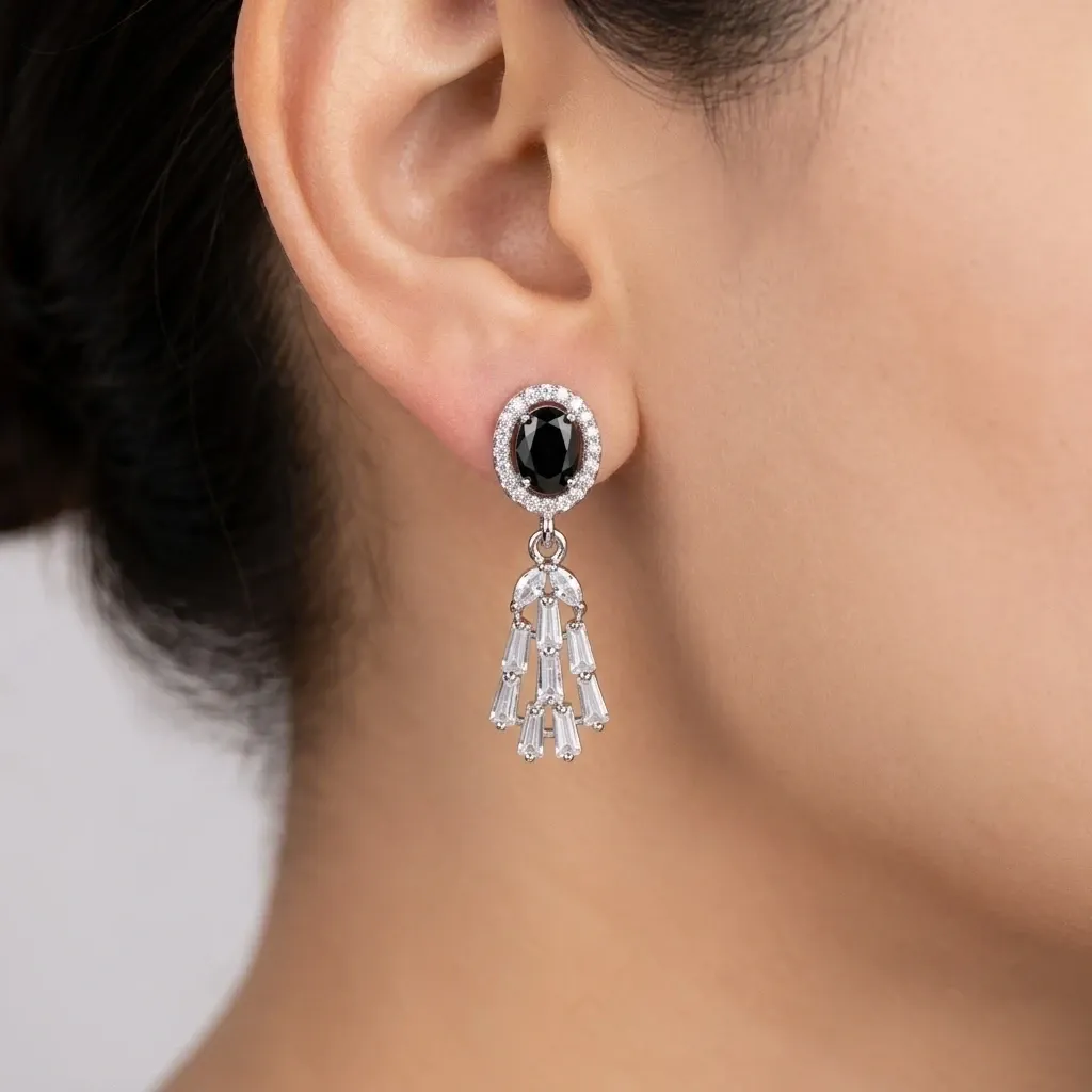Elegant Black Stone Drop Earrings with Crystal Tassels
