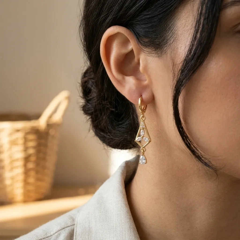 Golden Geometric Drop Earrings with Sparkling Stones