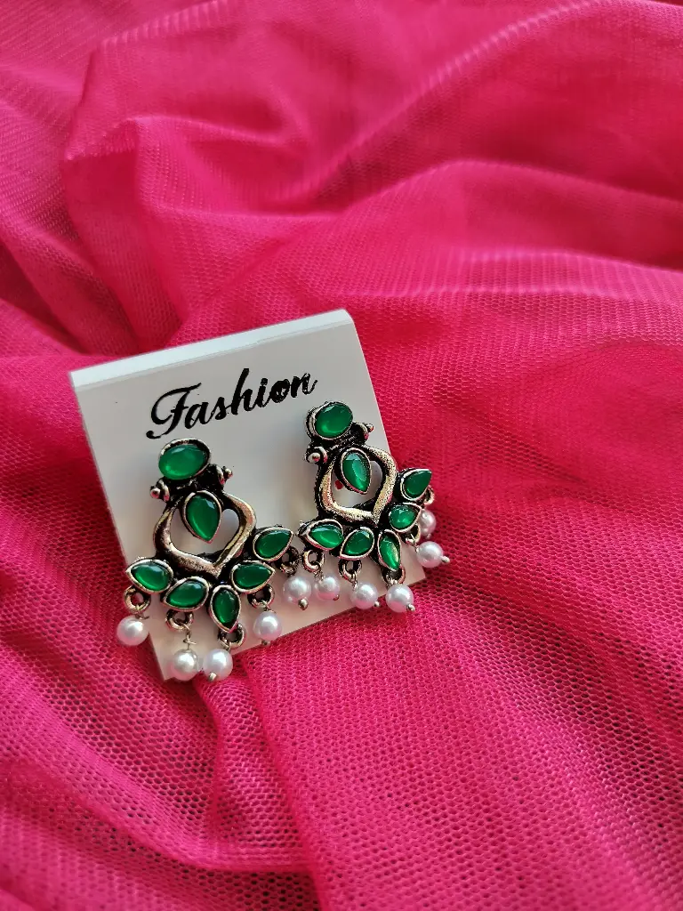 Graceful Oxidized Green Stone Earrings with Pearl Accents