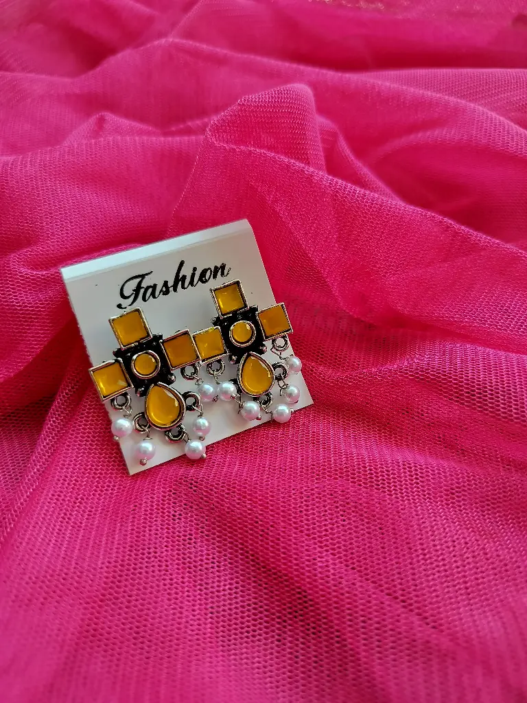 Vibrant Oxidized Yellow Stone Earrings with Pearl Drops