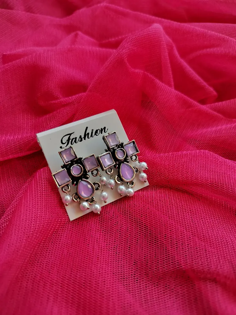 Oxidised Light Pink Stone Earrings with Pearl Drops