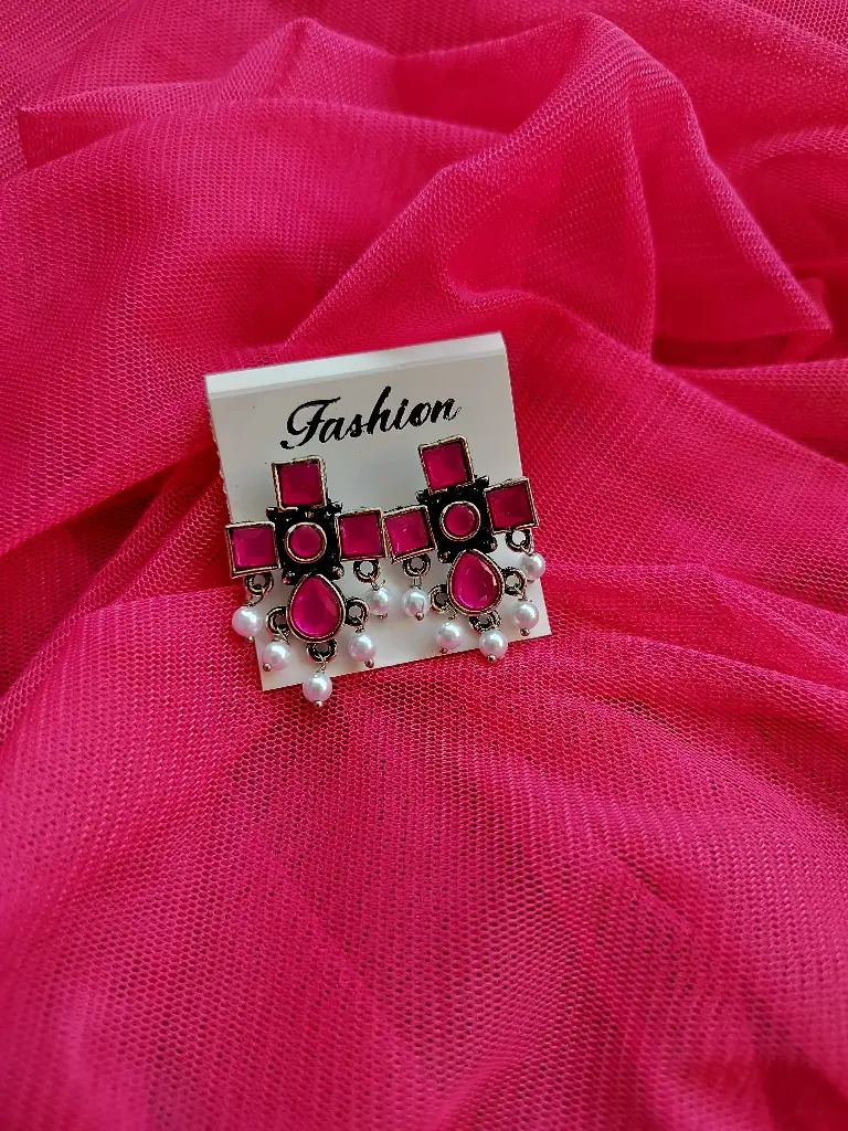 Oxidised Pink Stone Earrings with Pearl Drops