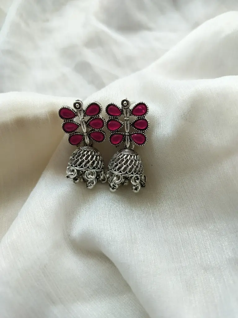 Oxidized Silver Peacock Jhumka Earrings – Ruby Pink Accents