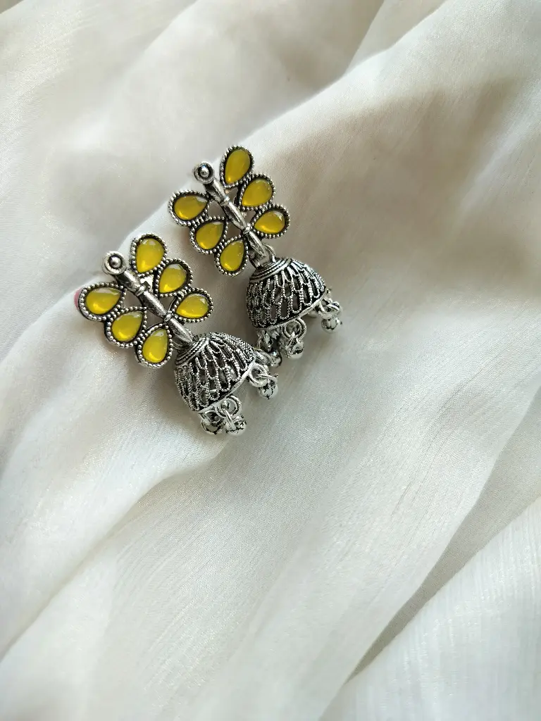 Oxidized Silver Peacock Jhumka Earrings – Sunshine Yellow Accents