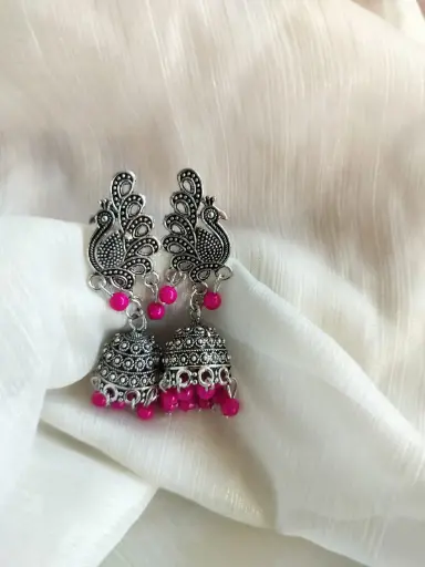 Oxidized Peacock Jhumka Earrings with Pink Beads
