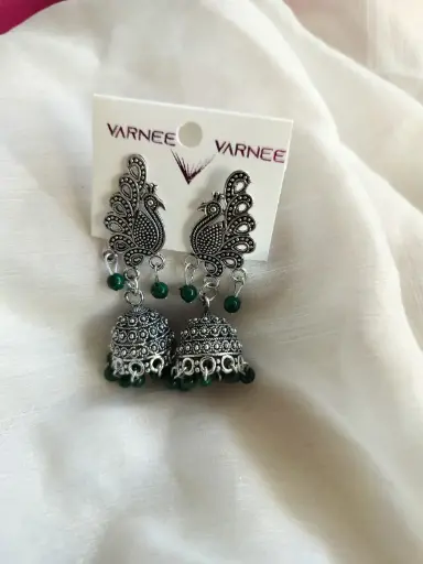 Oxidized Peacock Jhumka Earrings with green Beads