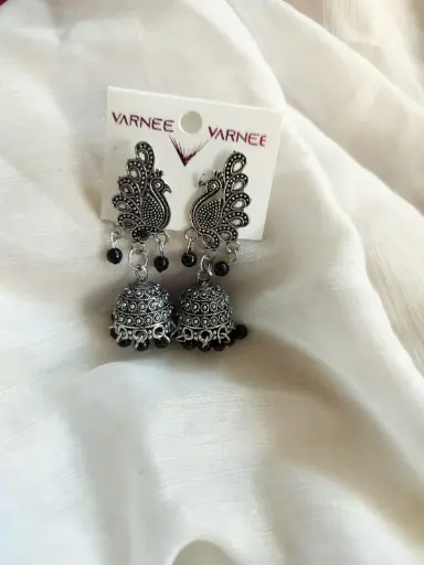 Oxidized Peacock Jhumka Earrings with black Beads