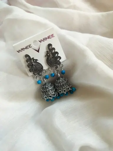 Oxidized Peacock Jhumka Earrings with blue Beads