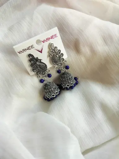 Oxidized Peacock Jhumka Earrings with Royal Blue Beads