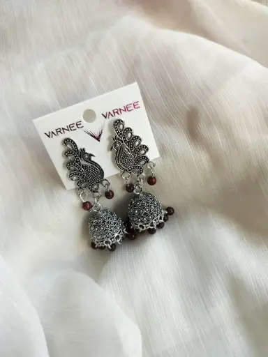 Oxidized Peacock Jhumka Earrings with Maroon Beads