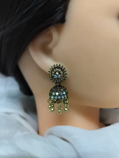 Antique Oxidized Stone-Studded Jhumka Earrings