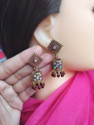  Antique Maroon & Gold Jhumka Earrings