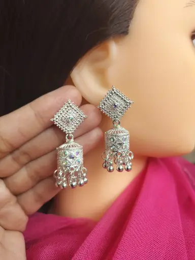 Elegant Silver-Toned Jhumka Earrings with Mirror Detailing