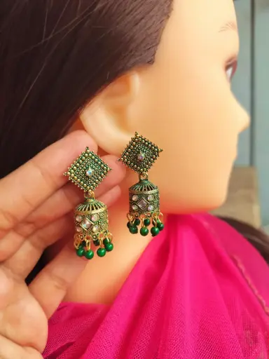 Antique Green & Gold Jhumka Earrings