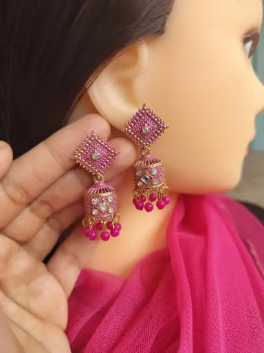 Vibrant Pink and Gold Jhumka Earrings