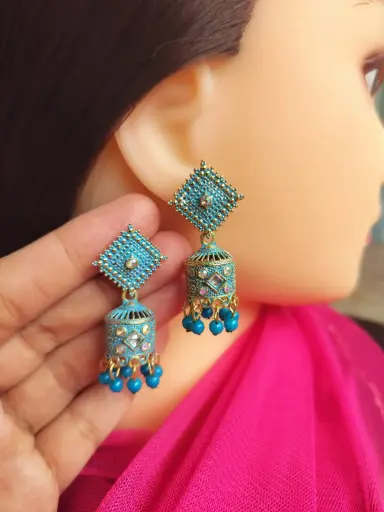 urquoise Blue Enamel Jhumka Earrings