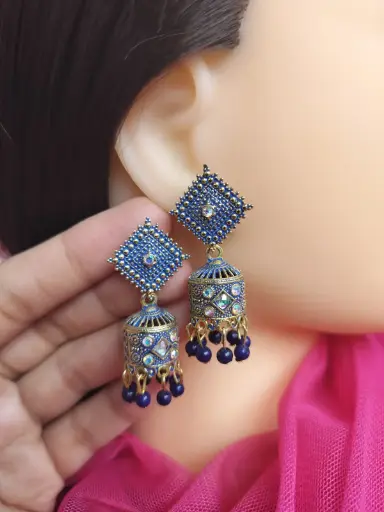 Royal Blue Enamel Mirror Jhumka Earrings