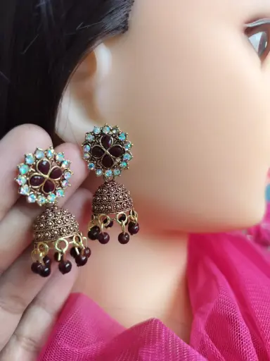 Antique Maroon Stone Jhumka Earrings
