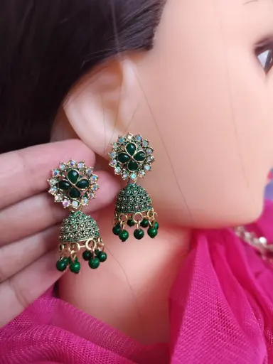 Antique Green Stone Jhumka Earrings