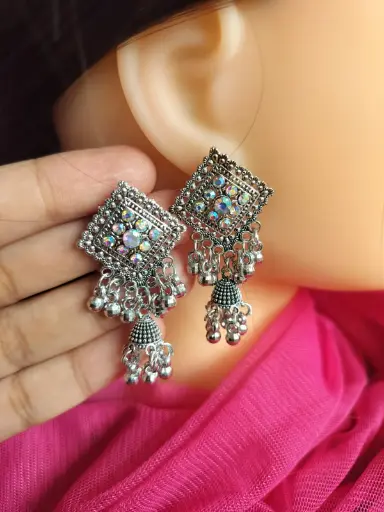 Ethnic Oxidized Silver Square Dangler Earrings