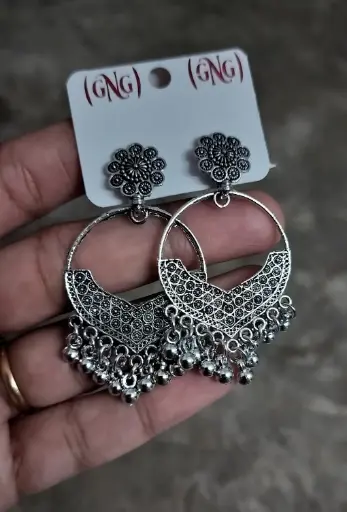 Oxidized Silver Floral Stud Hoop Earrings with Ghungroo Drops