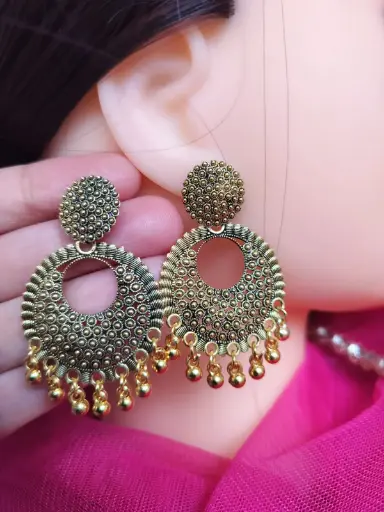 Antique Gold-Tone Circular Earrings with Hanging Beads