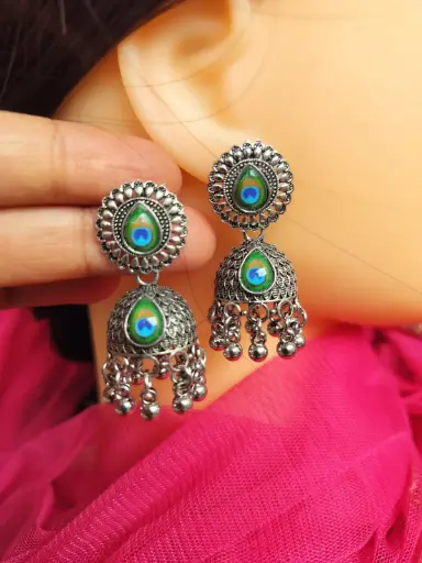 Oxidized Silver Jhumka Earrings with Peacock Feather Motif