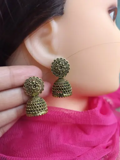 Antique Gold-Tone Floral Stud Jhumka Earrings