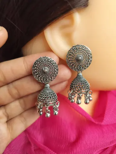 Spiral Pattern Oxidized Silver Jhumka Earrings