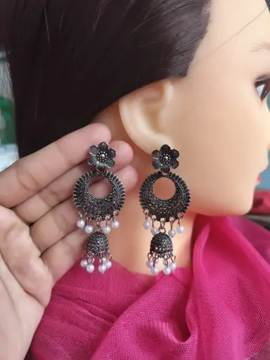 Floral Oxidized Silver Jhumka Earrings with Pearl Drops