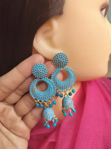Vibrant Blue Oxidized Jhumka Earrings with Beaded Drops