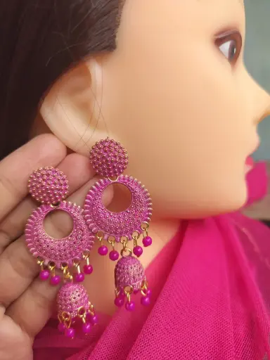 Bold Pink Oxidized Jhumka Earrings with Gold Accents