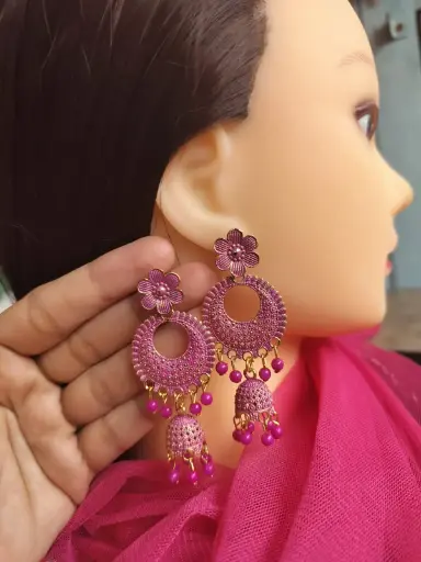 Floral Stud Pink Oxidized Jhumka Earrings with Beaded Drops