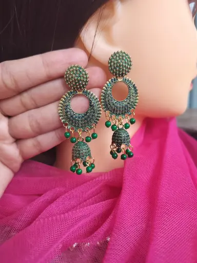  Emerald Green Textured Stud Jhumka Earrings