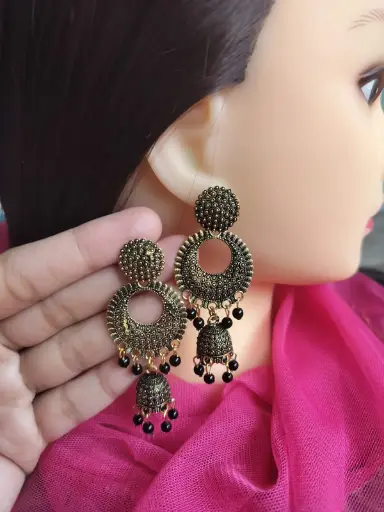 Black Floral Stud Jhumka Earrings