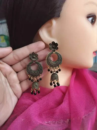 Black Floral Stud Jhumka Earrings