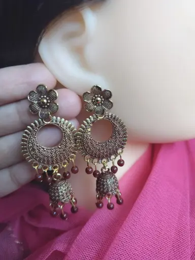 Antique Maroon Circular Dangler Jhumka Earrings