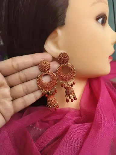 Traditional Red Beaded Circular Jhumka Earrings