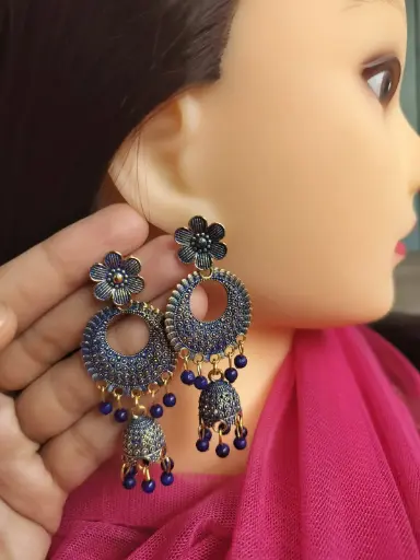 Traditional Blue Beaded Circular Jhumka Earrings
