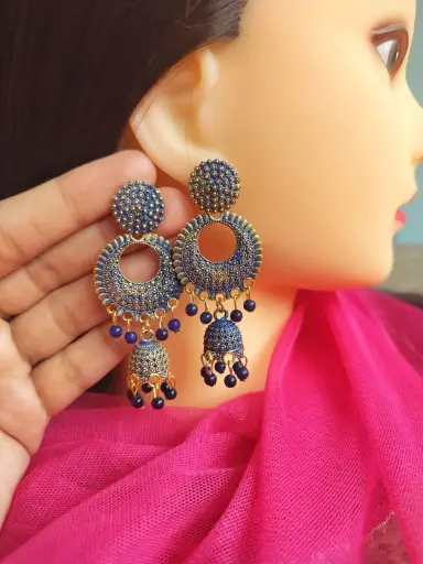 Traditional Blue Beaded Circular Jhumka Earrings