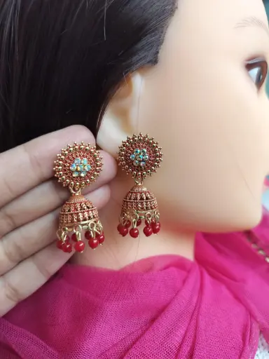  Traditional Antique Jhumka Earrings with Red Beads