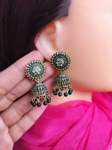 Traditional Antique Jhumka Earrings with Green Beads