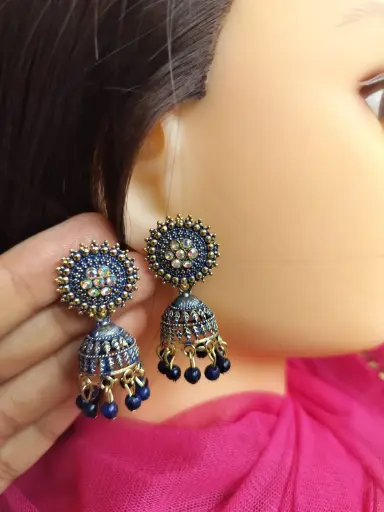 Traditional Antique Jhumka Earrings with blue Beads