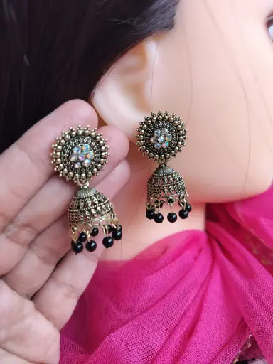 Traditional Antique Jhumka Earrings with Black Beads