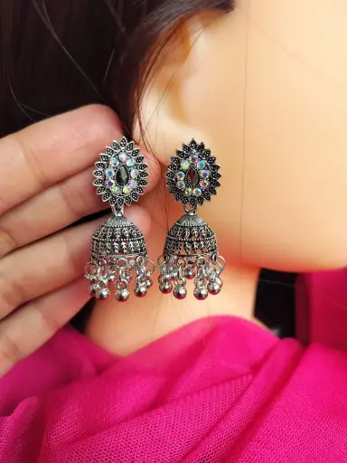 Oxidized Silver Jhumka Earrings with Mirror Stones